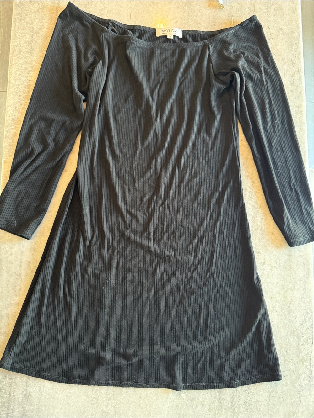 WYLDR Black Ribbed Off-Shoulder Long Sleeve Midi Dress